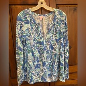 Lilly Pulitzer Ladies XL Meg long sleeve tunic in Canopy Chaos Blue/Green NWOT